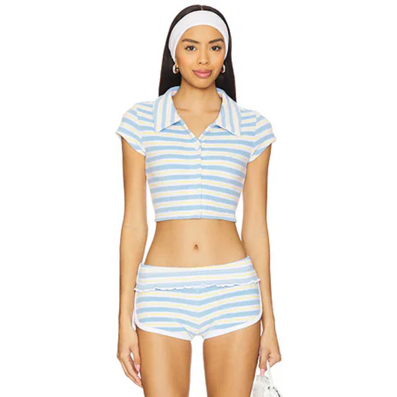 Frankies Bikinis Tops - Frankies Bikinis Laurel Button Up Top in Ashbury Stripe in Blue